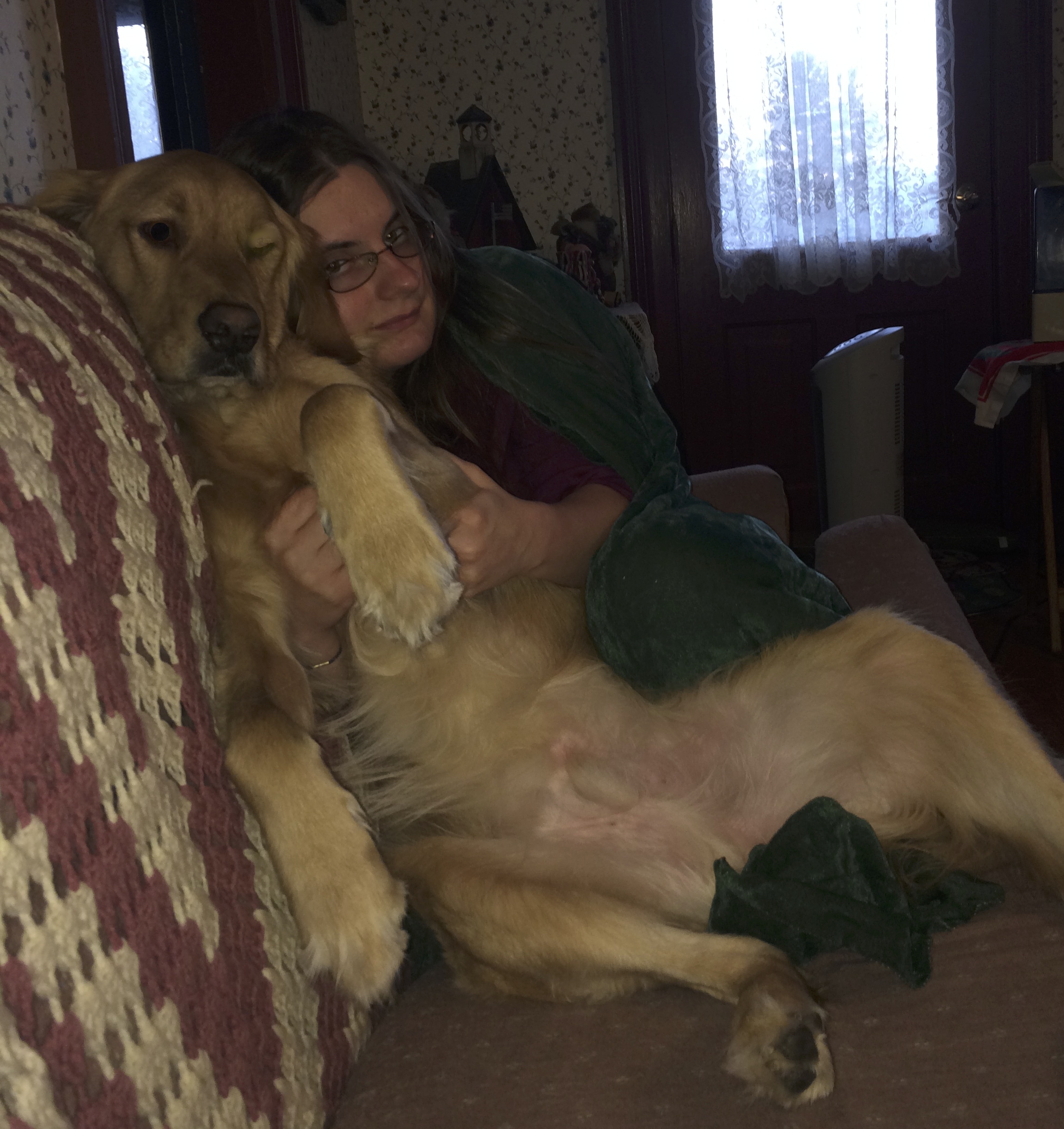 Golden Retriever and Woman in Goofy Pose