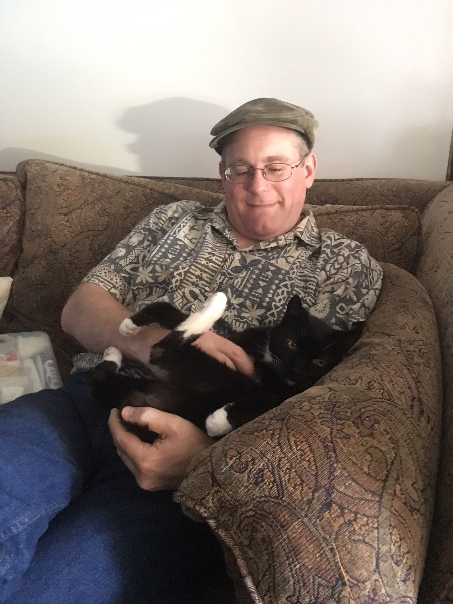 Man Petting Upside Down Tuxedo Cat