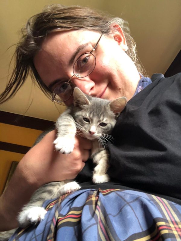 Woman Holding Grey Tiger Kitten