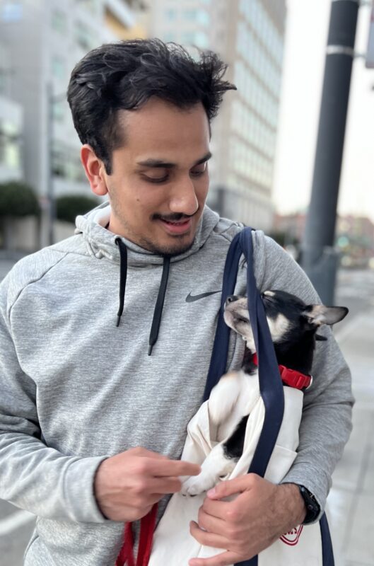 Man With Australian Kelpie Puppy In His Shoulder Bag