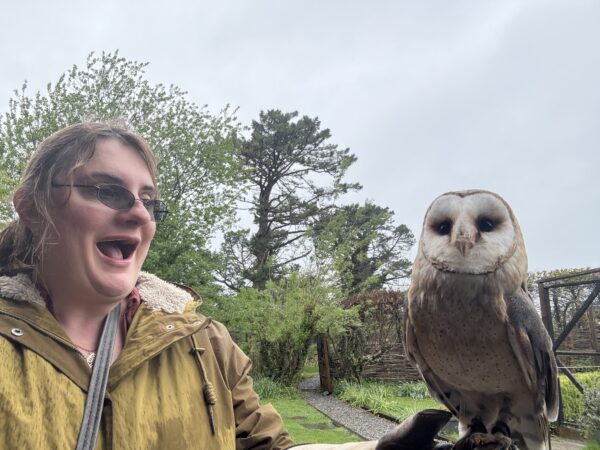 *sigh* The things I do for this bird sanctuary... Excited Woman Holding Barn Owl In Ireland