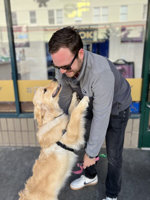 I HAVE A DAD! I LOVE MY DAD! Cute Golden Retriever Embracing Man